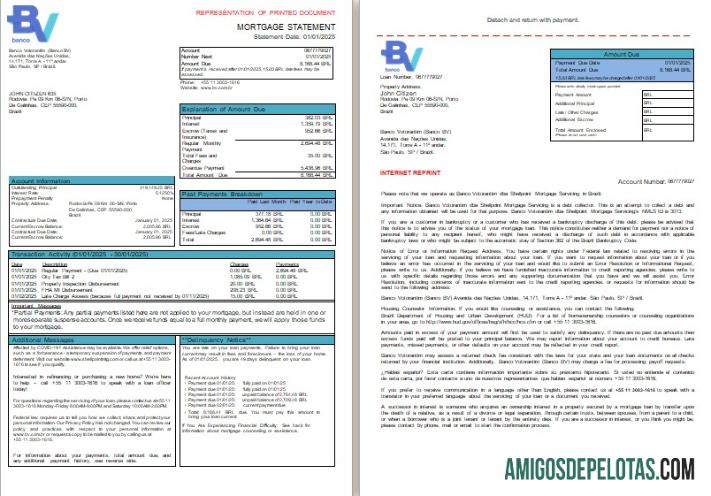 Brazil Banco Votorantim Bank Mortgage Statement, 3 Pages, 1 2 Scr exemplo real